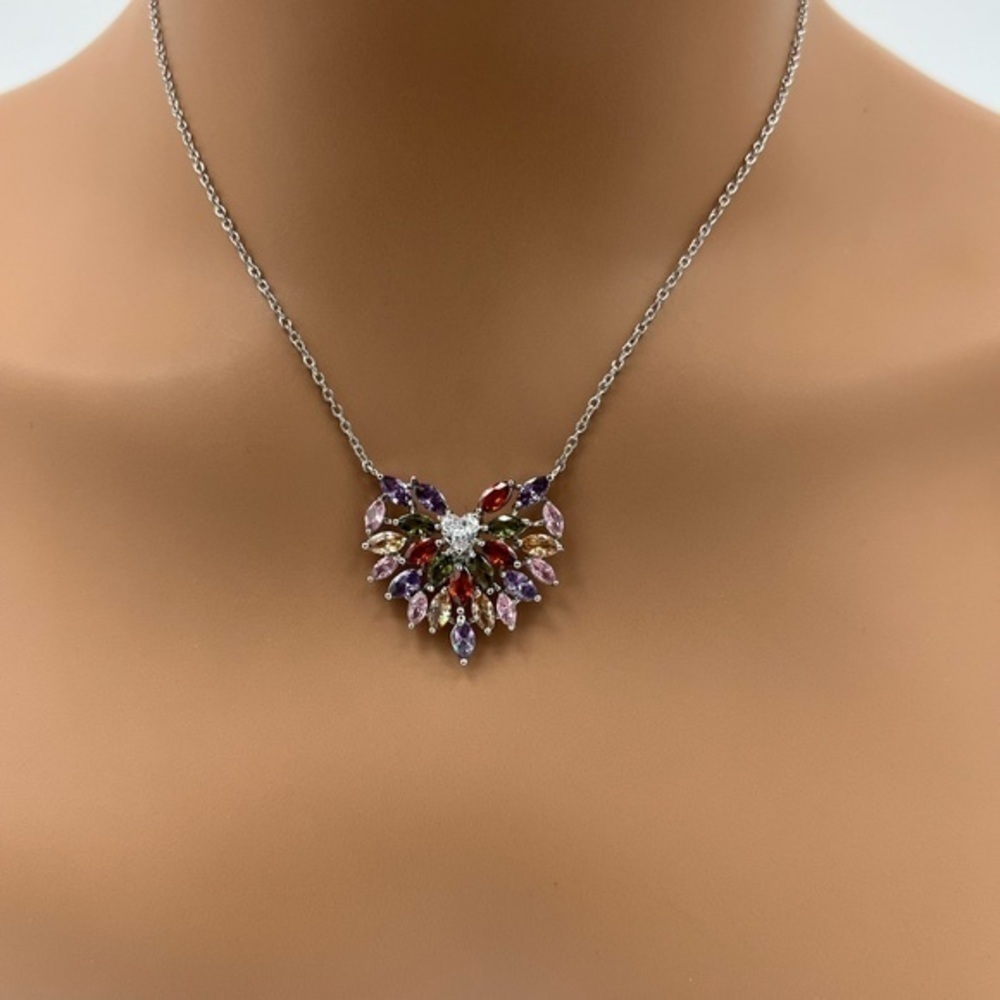 Colorful CZ Silver Heart Necklace - Picture 3 of 4